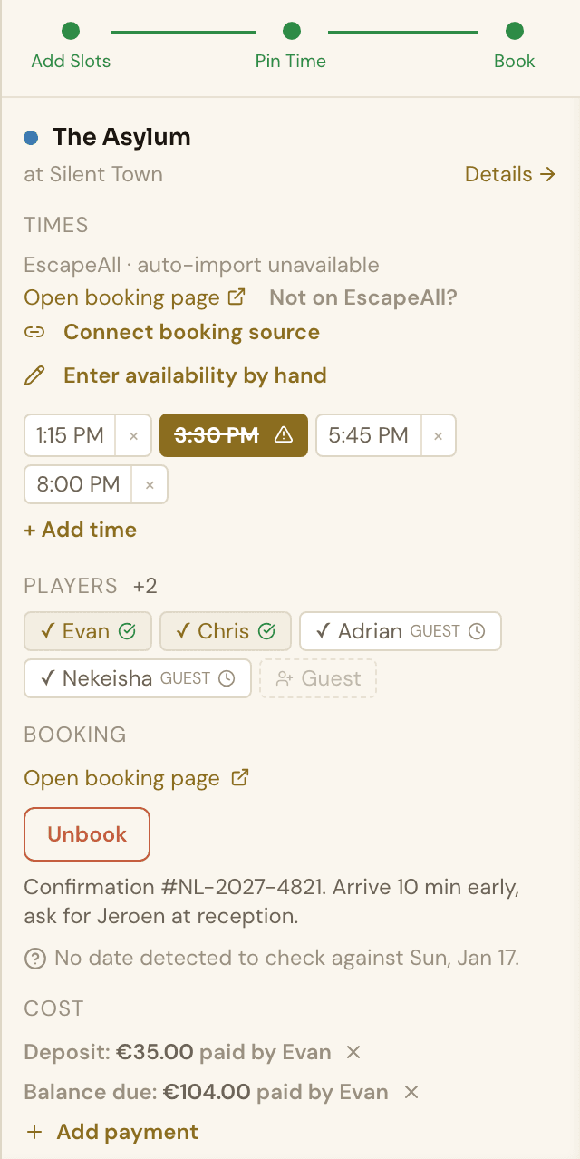 A booked game's panel with players, RSVP status, confirmation details, and a split deposit-and-balance cost
