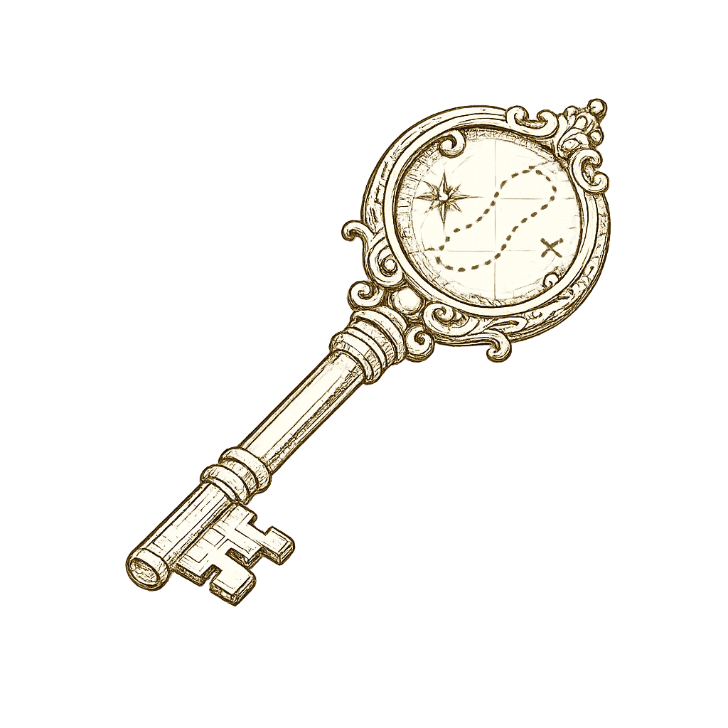 Ornate skeleton key with a compass and route in the bow