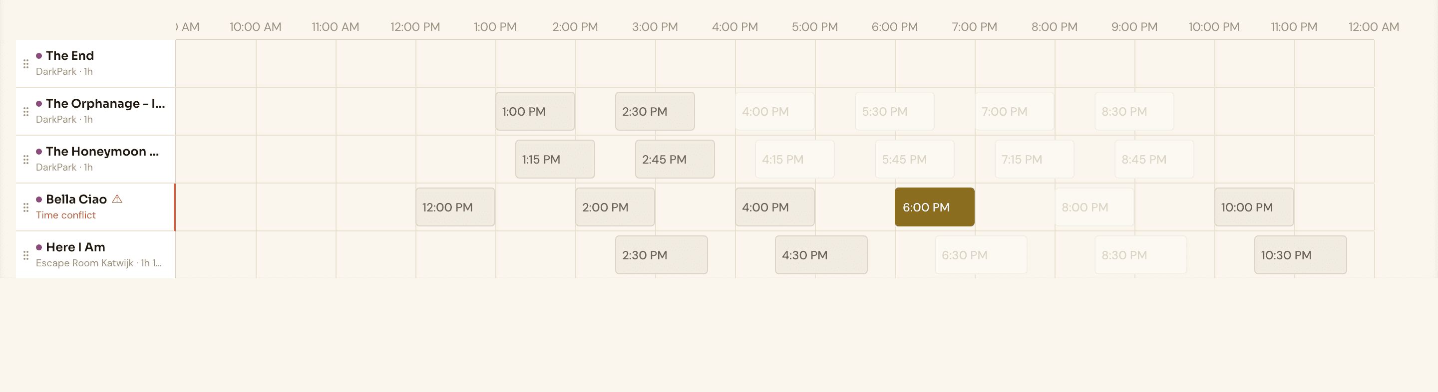 The time slots view comparing available booking times across a day's games